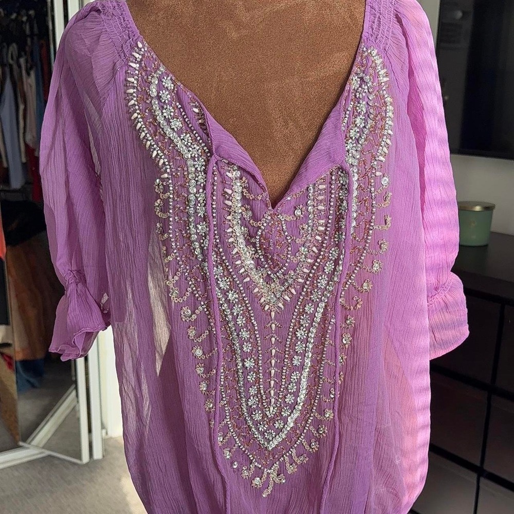 Kay Celine Purple Beaded Boho Tunic Top - Picture 2 of 2